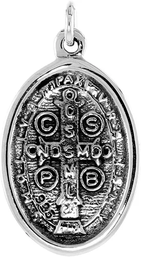 Vista 2 de Collar ovalado de plata de ley con medalla de San Benito de 1 pulgada, acabado oxidado, ovalado, disponible con o sin cadena