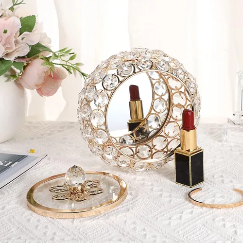 Vista 3 de Hipiwe Joyero de cristal con tapa de cristal caja del tesoro con espejo dorado caja de joyería decorativa anillos aretes collar caja de recuerdo
