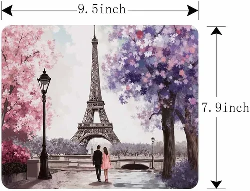 Vista 4 de IBILIU Alfombrilla para mouse de la Torre Eiffel, pintura al óleo, acuarela, París, flores rosas, árboles, rectangular, base de goma antideslizante