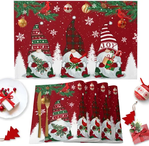 Vista 29 de Juego de 1 mantel individual gris de Navidad, manteles individuales de enanos de invierno y cardenales antideslizantes, manteles individuales
