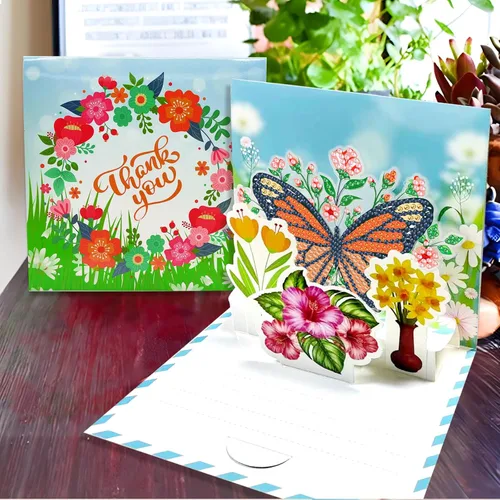 Vista 3 de LUSandy 8 paquetes de tarjetas de flores con pintura de diamantes 5D para adultos, tarjetas de felicitación 3D emergentes con tulipán, rosa
