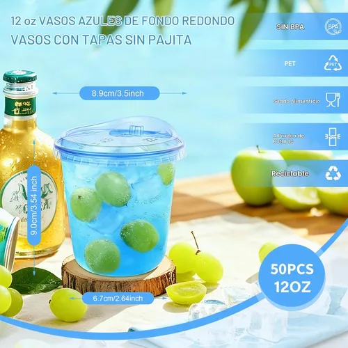Vista 3 de KesaPlan - Paquete de 50 vasos de plástico de fondo redondo azul de 12 onzas con tapas para sorber