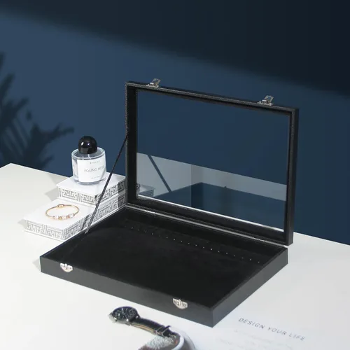 Vista 6 de Coward Joyero organizador de collar de 20 ganchos, a prueba de polvo, estuche de terciopelo negro con tapa de vidrio transparente para uso doméstico