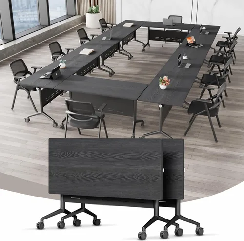 Vista 28 de Mesa de conferencias plegable, mesa modular moderna para sala de conferencias con ruedas para 8-16 personas, mesas de entrenamiento plegables