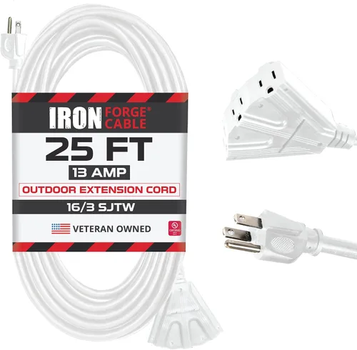 Vista 10 de Iron Forge Cable Cable de extensión blanco de 10 pies para exteriores con 3 tomas, cable de extensión SJTW de 16/3 de 10 pies, 3 clavijas, cable