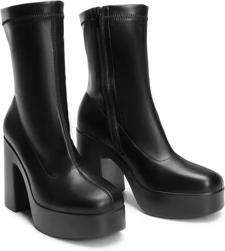 Vista 3 de DREAM PAIRS Botines Gogo de plataforma para mujer, tacón alto y grueso, punta cuadrada, botines