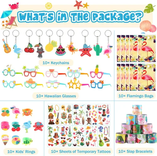 Vista 7 de 60 piezas hawaianas de fiesta para niños, rellenos de piñata Luau, pulseras para tatuajes, anillos, verano, playa, fiesta, gafas, flamenco, bolsas