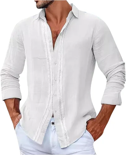 Vista 3 de Mens Cuban Guayabera Shirts Long Sleeve Casual Cotton Linen Shirts Button Down Untucked Shirt Summer Beach Yoga Tops
