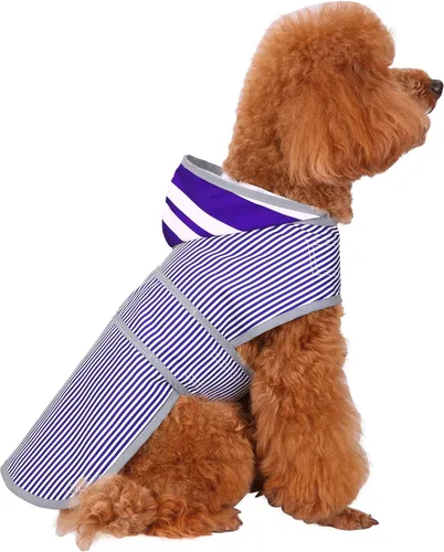 Vista 10 de Impermeable para perros pequeños y cachorros, chaqueta impermeable con capucha con tiras reflectantes, agujero para la correa y poncho de ajuste