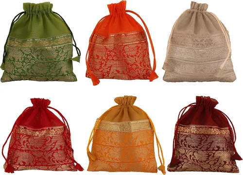 Vista 18 de Touchstone Bolsas con cordón de tela tradicional india, hechas a mano, perfectas para regalos, joyas, bodas, bolsas, bolsas, Potli, -Mimosa