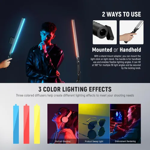 Vista 5 de NEEWER Barra de luz de video LED mejorada y kit remoto de 2.4G, paquete de 2 unidades regulables de mano 3200K ~ 5600K CRI97+ iluminación de video