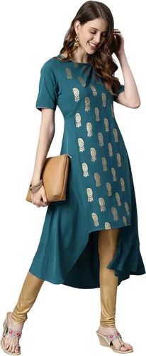 Vista 3 de Janasya Kurta de crepé polivinílico verde azulado para mujer india