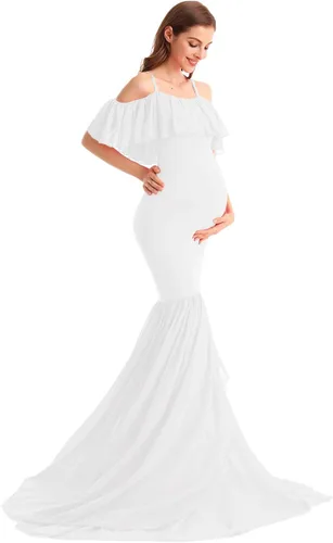 Vista 41 de MYRISAM Vestido de maternidad con volantes y hombros descubiertos para mujer, vestido de fiesta de sirena de gasa, vestido ajustado