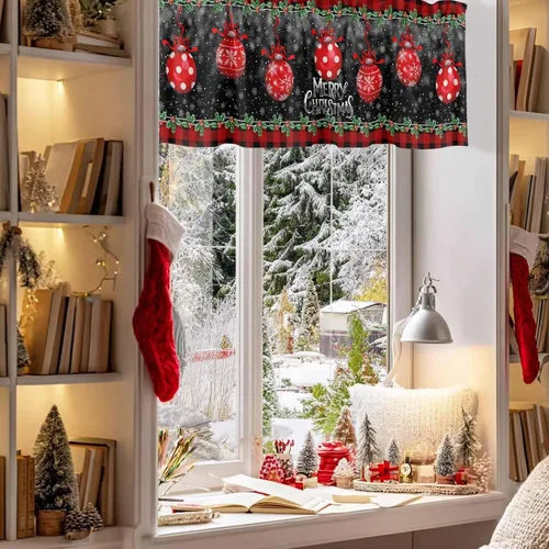 Vista 32 de Cenefa de cortina con lazo rojo de Navidad para ventanas, sala de estar, cocina, baño, granja, bolas de Navidad de acuarela con diseño de bayas