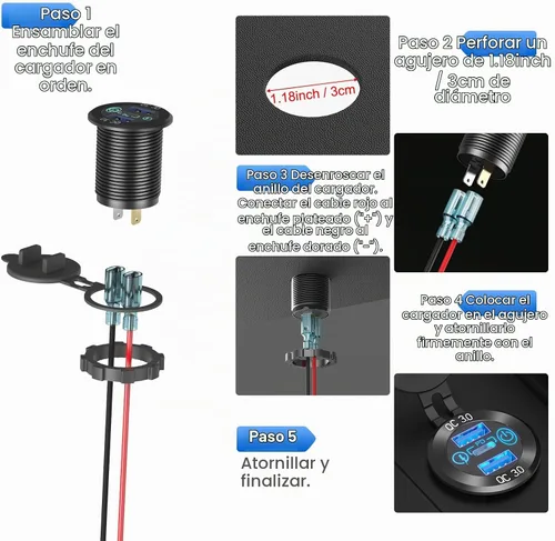Vista 6 de Cargador de aluminio USB de 12 V PD 3.0 tipo C y doble carga rápida 3.0 puerto USB múltiple impermeable de 12 V/24 V USB con interruptor táctil, kit
