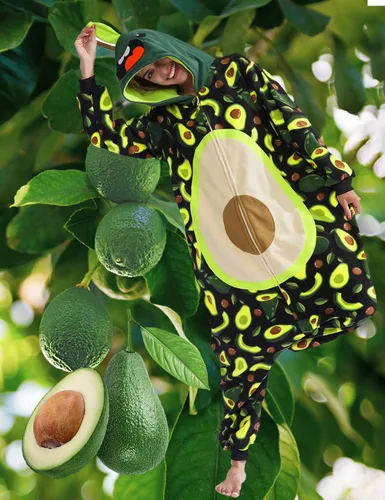 Vista 2 de vavalad Adult Avocado Onesie Pajamas Costume Fruit One Piece Pajamas Cosplay Jumpsuit for Women and Men