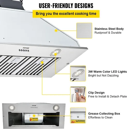 Vista 7 de VEVOR Campana de Ventilación Integrada, 800CFM 3-Velocidades, Campana de Cocina de Acero Inoxidable de 36 Pulgadas con Control de Botón de Impulso