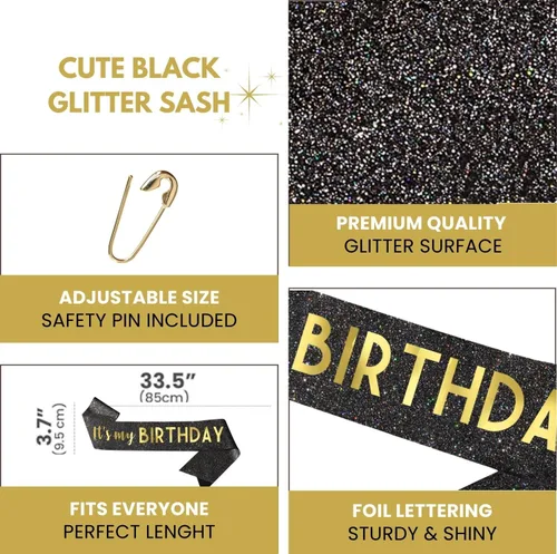 Vista 3 de Banda negra de cumpleaños – Banda «It's My Birthday» – Decoraciones de cumpleaños para mujeres, cumpleaños, niñas, accesorios de cumpleaños Negro