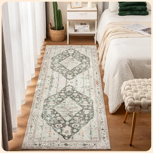 Vista 233 de Istana Alfombra larga antideslizante de 2.5 x 8 para el hogar, para pasillo y cocina, lavable, sedosa y suave al tacto, elegante, color azul y marfil