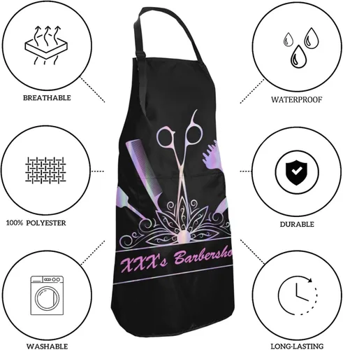 Vista 4 de Delantal de peluquería personalizado para hombres y mujeres, delantal de peluquería con texto personalizado con bolsillos, delantal ajustable