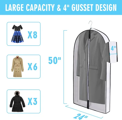 Vista 2 de Bolsas de ropa de 50 pulgadas para colgar ropa, fundas transparentes a prueba de trajes con refuerzos de 4 pulgadas para almacenamiento en armario