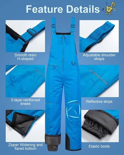 Vista 5 de Pursky Pantalones de nieve para niños, baberos de esquí de invierno con aislamiento impermeable, pantalones de nieve de forro polar, overoles