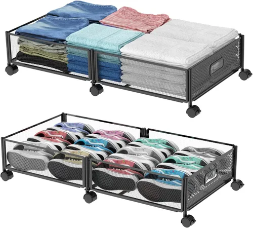 Vista 11 de Almacenamiento debajo de la cama sobre ruedas, almacenamiento grande mejorado de 31.5 pulgadas, organizador plegable de metal para debajo