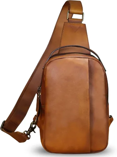 Vista 2 de LRTO Bolso de cuero genuino para hombres y mujeres, mochila bandolera de cuero real para el pecho, bolso cruzado, Marrón, Mochilas Sling