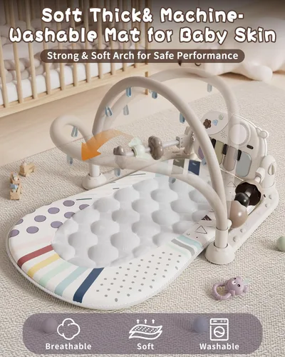 Vista 4 de Stactcute Tapete de juego para bebé, juguetes para bebés, gimnasio y tiempo boca abajo, tapete de actividad con piano con 5 juguetes sensoriales