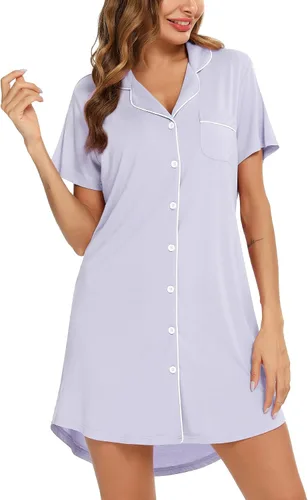 Vista 131 de Samring Camisón de pijama para mujer, manga corta/larga, con botones, camisón para dormir, camisón para novio, talla XXL