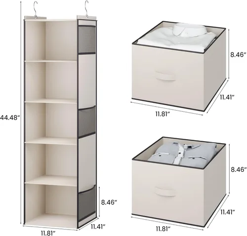 Vista 3 de YOUDENOVA Organizador colgante de armario, estantes colgantes de armario de 5 niveles con 6 bolsillos laterales y 2 cajones, color beige