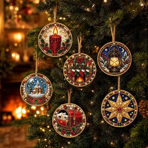 Vista 13 de GOJXDNE 6 adornos de arte de diamantes de Navidad, kit de manualidades de Bases de madera preperforadas con perlas en forma de gemas de resina