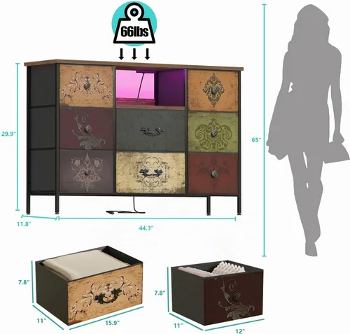 Vista 2 de VASICAR Cómoda con Patrón con Luces LED y Tomas de Corriente, Cómoda Soporte de TV con 8 Cajones para TV de 55", Cómoda de Tela con Cajones