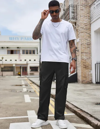 Vista 3 de COOFANDY Pantalones cargo casuales para hombre, pantalones deportivos de algodón con cordón