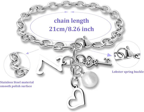 Vista 2 de Pulseras con inicial de la A a la Z, regalo para mujeres y niñas, pulsera de cadena de acero inoxidable con 26 letras del alfabeto, regalos