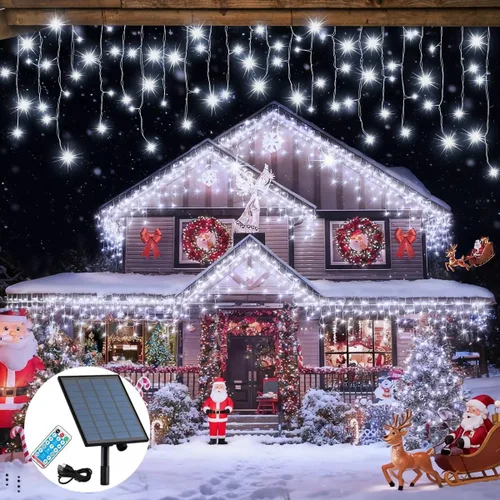 Vista 10 de Luces solares de Navidad de 320 LED, luces de cortina impermeables para decoraciones navideñas al aire libre, 29.5 pies, 60 gotas, 8 modos, luces