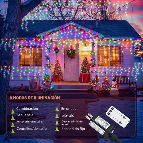 Vista 4 de JMEXSUSS 400 luces LED de Navidad de carámbano de 38.8 pies con control remoto, tira de luces multicolor para exteriores enchufables, 8 modos