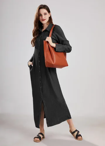 Vista 20 de utcoco Vestido largo casual de mezclilla con botones para mujer, con solapa, manga larga, con bolsillos