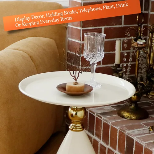 Vista 5 de Mesa auxiliar redonda pequeña para espacios pequeños, mesa auxiliar moderna con pedestal blanco para sala de estar, mesa de bebidas con acento