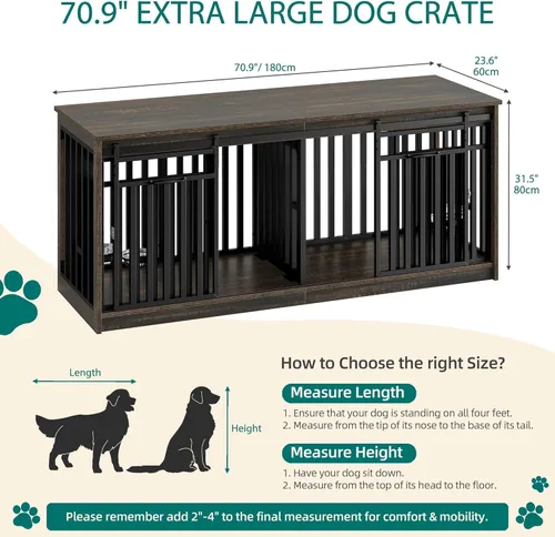 Vista 3 de DWVO Mueble doble para perros de 71 pulgadas para 2 perros medianos, soporte de TV de madera resistente con puertas correderas, mesa decorativa