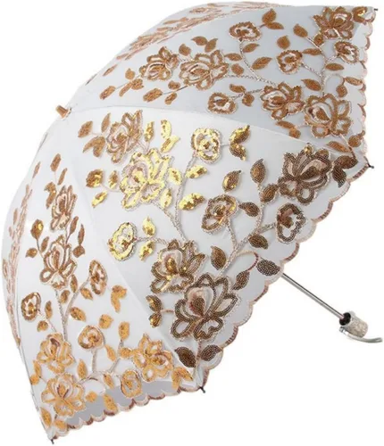 Vista 25 de Honeystore Sombrilla bordada con flor 3D plegable UV con encaje clásico