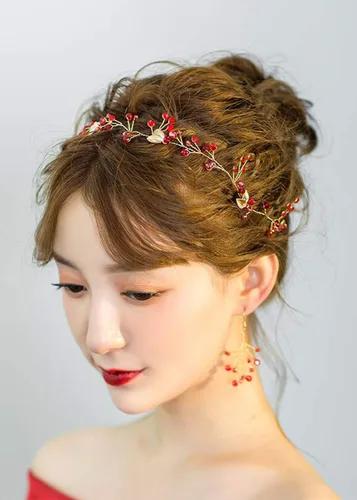 Vista 2 de Missgrace Vid de pelo de hoja roja de cristal, aretes y diadema para boda vintage, cumpleaños, fiesta, Halloween, joyería para el cabello para mujer