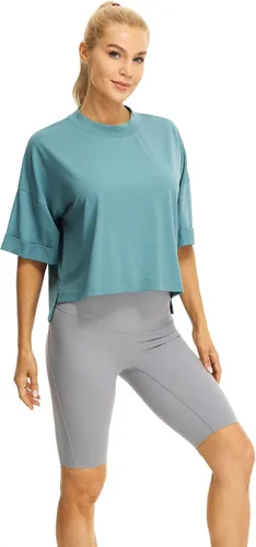 Vista 4 de icyzone Camisetas atléticas de entrenamiento de manga corta con cuello redondo para mujer