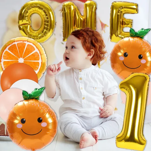 Vista 7 de Whaline 30 piezas de suministros de decoración de primer cumpleaños naranja Little Cutie número uno, globo de letra UNO, globos naranjas, globos