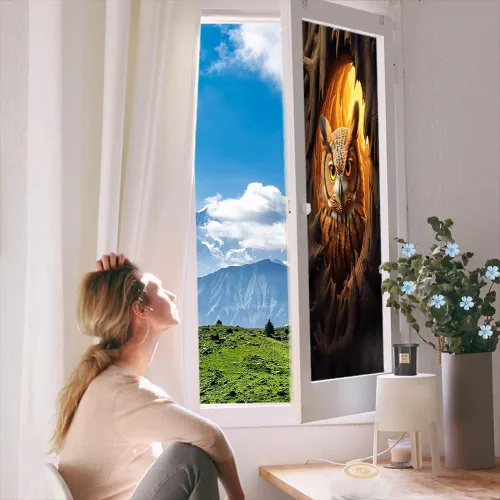 Vista 5 de Interesante película de búho para ventana, bloqueo de calor, agujero de árbol natural, vida silvestre, pájaro, privacidad, decoración de ventana