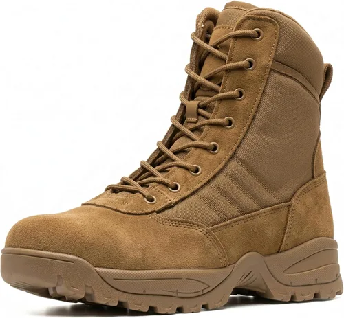Vista 9 de Botas tácticas para hombre, 8 pulgadas, cremallera lateral, botas militares de combate de cuero, botas de trabajo para hombres, policía, motocicleta