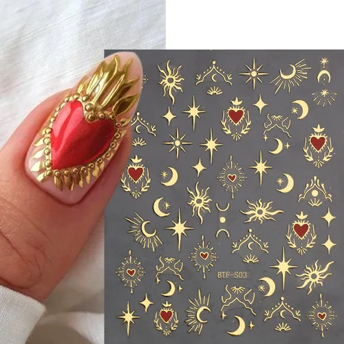 Vista 2 de 8 hojas de calcomanías doradas para arte de uñas, sol, estrella, luna bronceadora, calcomanías de uñas autoadhesivas 3D, calcomanías de uñas