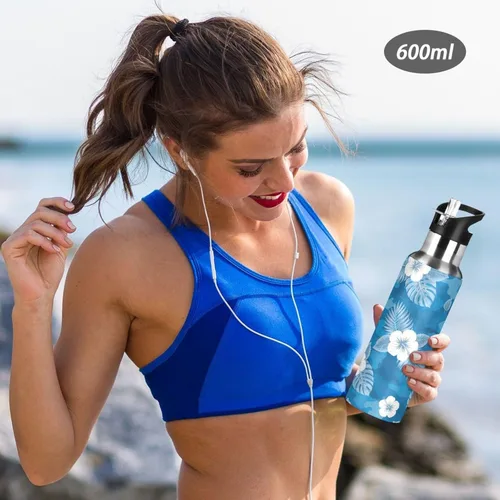 Vista 6 de Stainless Steel Vacuum Insulated Water Bottle 20 Oz, Leakproof Water Bottles for Gym Outdoor Travel School, Flowers Tropical Leaves Blue