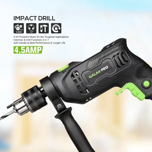 Vista 2 de GALAX PRO Taladro de martillo con cable de 4.5 amperios 0-3000 RPM, 5 brocas, martillo y taladro, 2 funciones en 1 con 12 velocidades variables