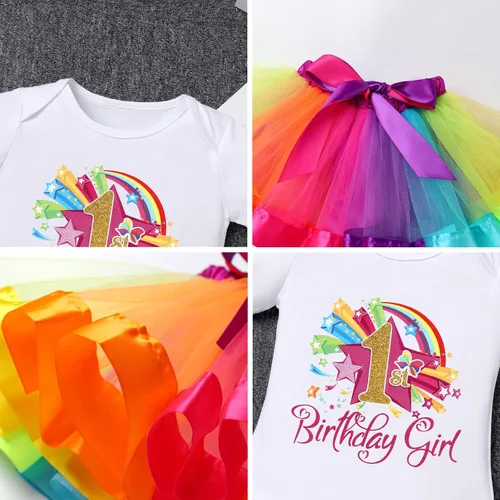 Vista 29 de IBAKOM Conjunto de ropa de 3 piezas para bebé niña de 1er cumpleaños + tutú de tul de princesa arcoíris + diadema con lazo, conjunto de ropa de 3